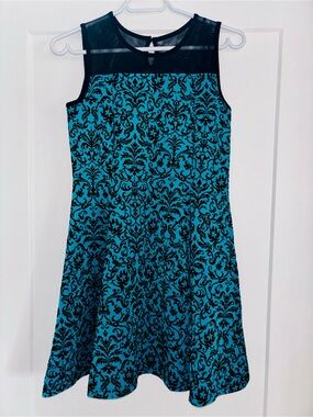 Newberry Special Occasions Dress Black Velvet on Teal Blue Flared Skirt Size 14